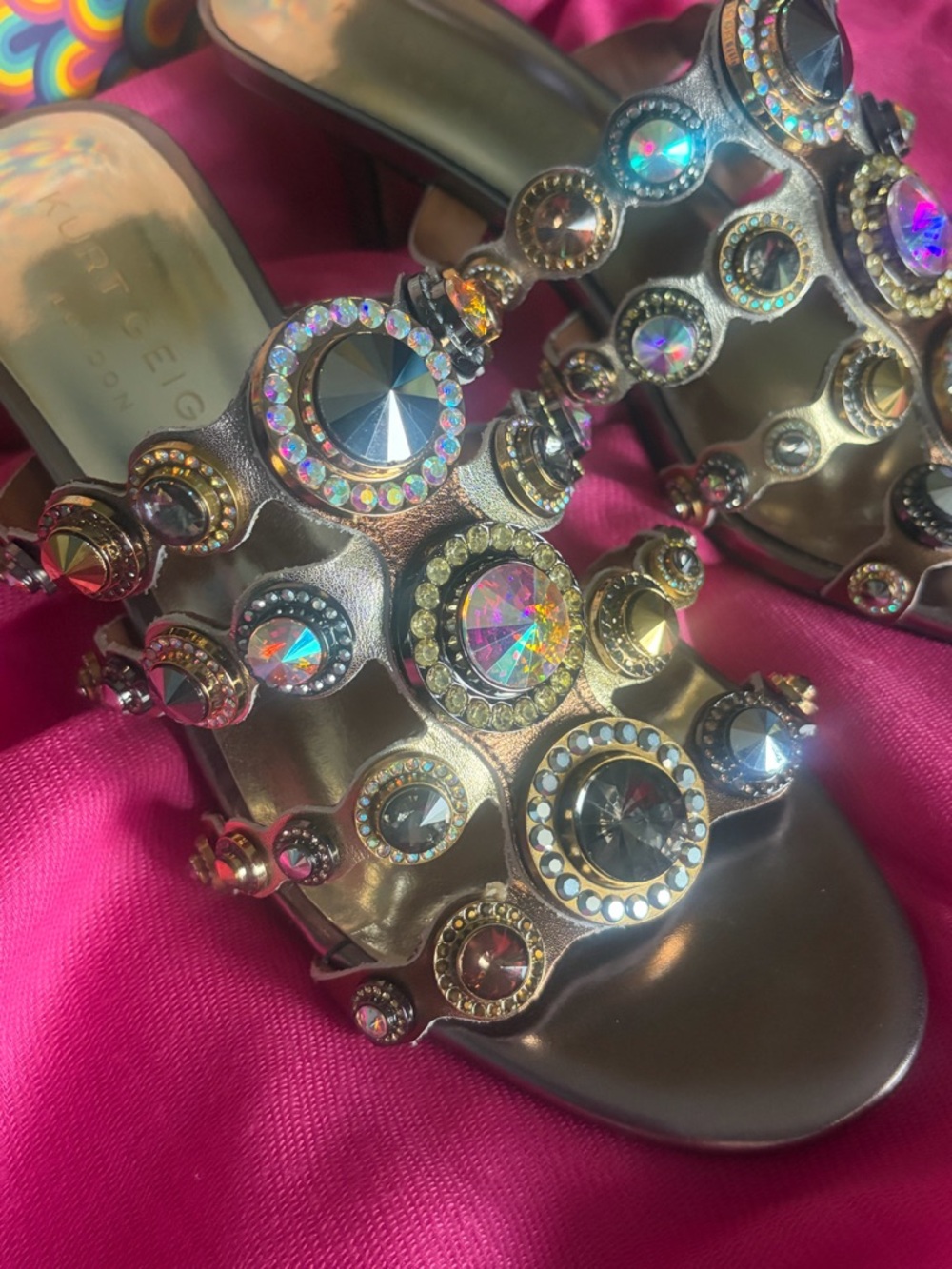 Kurt Geiger Metallic Gold Jeweled Slide Sandals